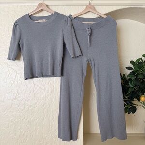 Grey Ribbed Knit Top and Wide Leg Pants Set